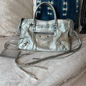 Metallic Silver Balenciaga City S Bag